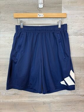 adidas Men's Size Medium Navy Train Icons Big Logo Zipper Pocket Shorts 9"